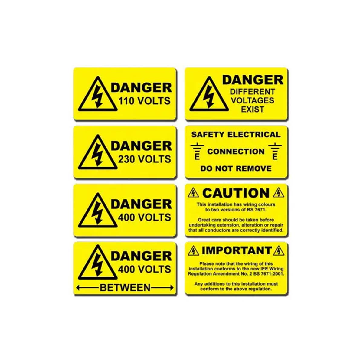Eight different electrical warning labels arranged in a 2x4 grid